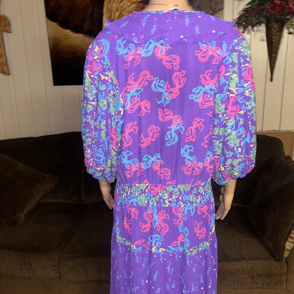 Diane Freis • Vintage • Large • Purple/Pink W/ Ribbon Design~Ruffles/Tie • Dress - Picture 13 of 15